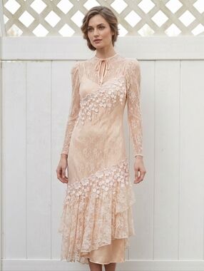 Vtg 80s Pink Lace Dropped Waist Dress Pearl Button Back Asymmetrical Tiered 13/1